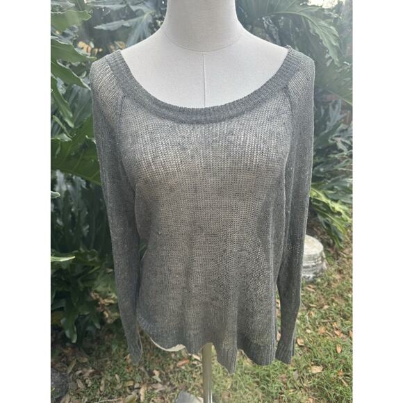 EILEEN FISHER Sweater Med Sheer Open Knit Scoop Neck Long Sleeve Army Green - Picture 1 of 14